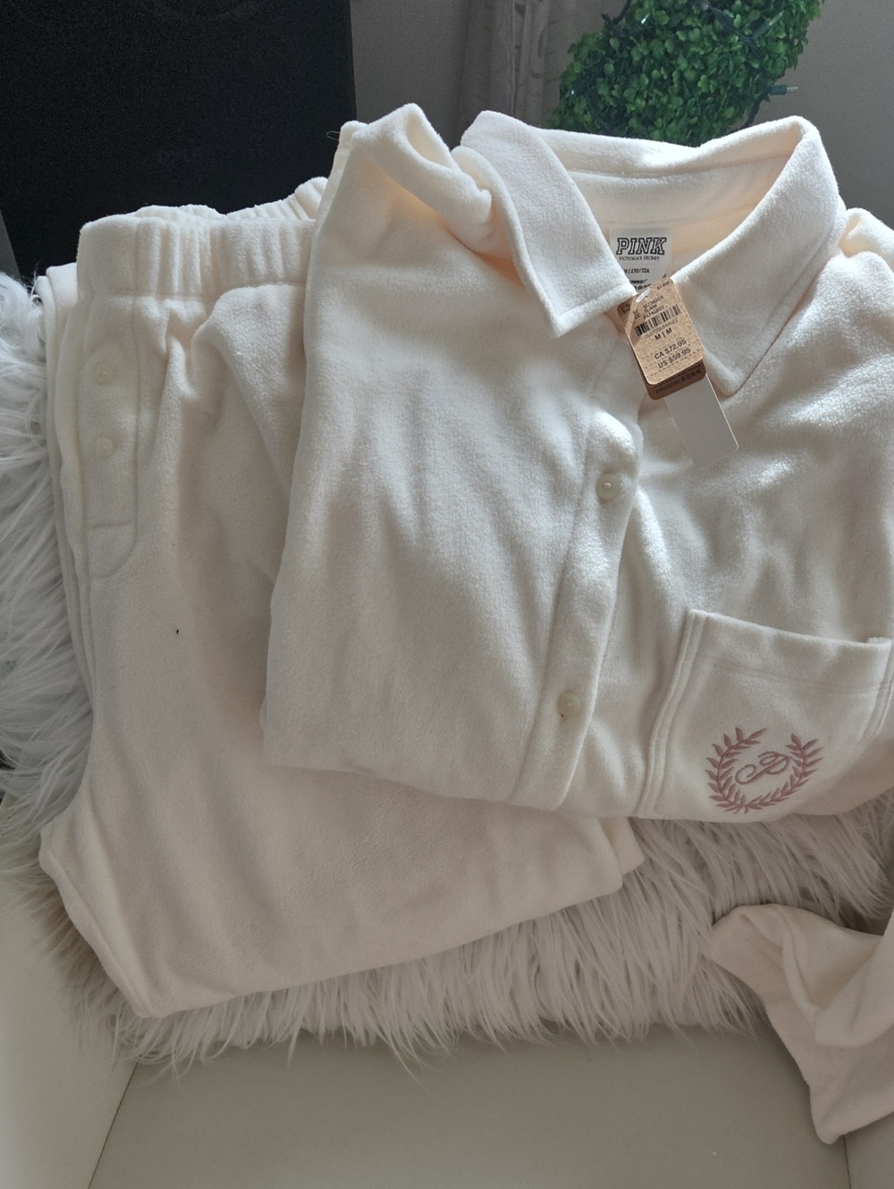 PINK Victoria's Secret Cream Button-Down Fleece Top & Pants Set